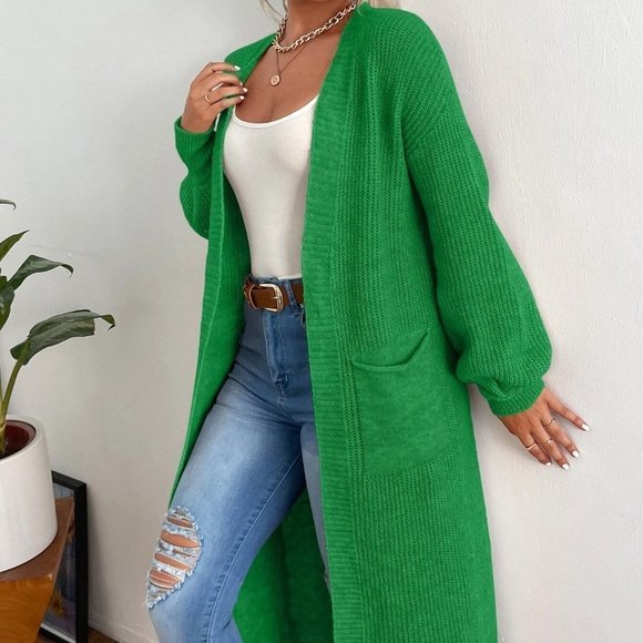 Casually Comfy Double Pocket Drop Shoulder Duster Cardigan green - Picture 3 of 5